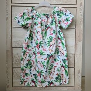 Ann Taylor off-the-shoulder cotton dress with a tropical bird and plant print